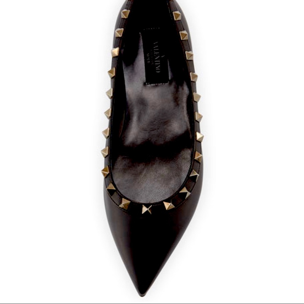 Noir Rockstud Leather Ballet Flat, Black with black hardware